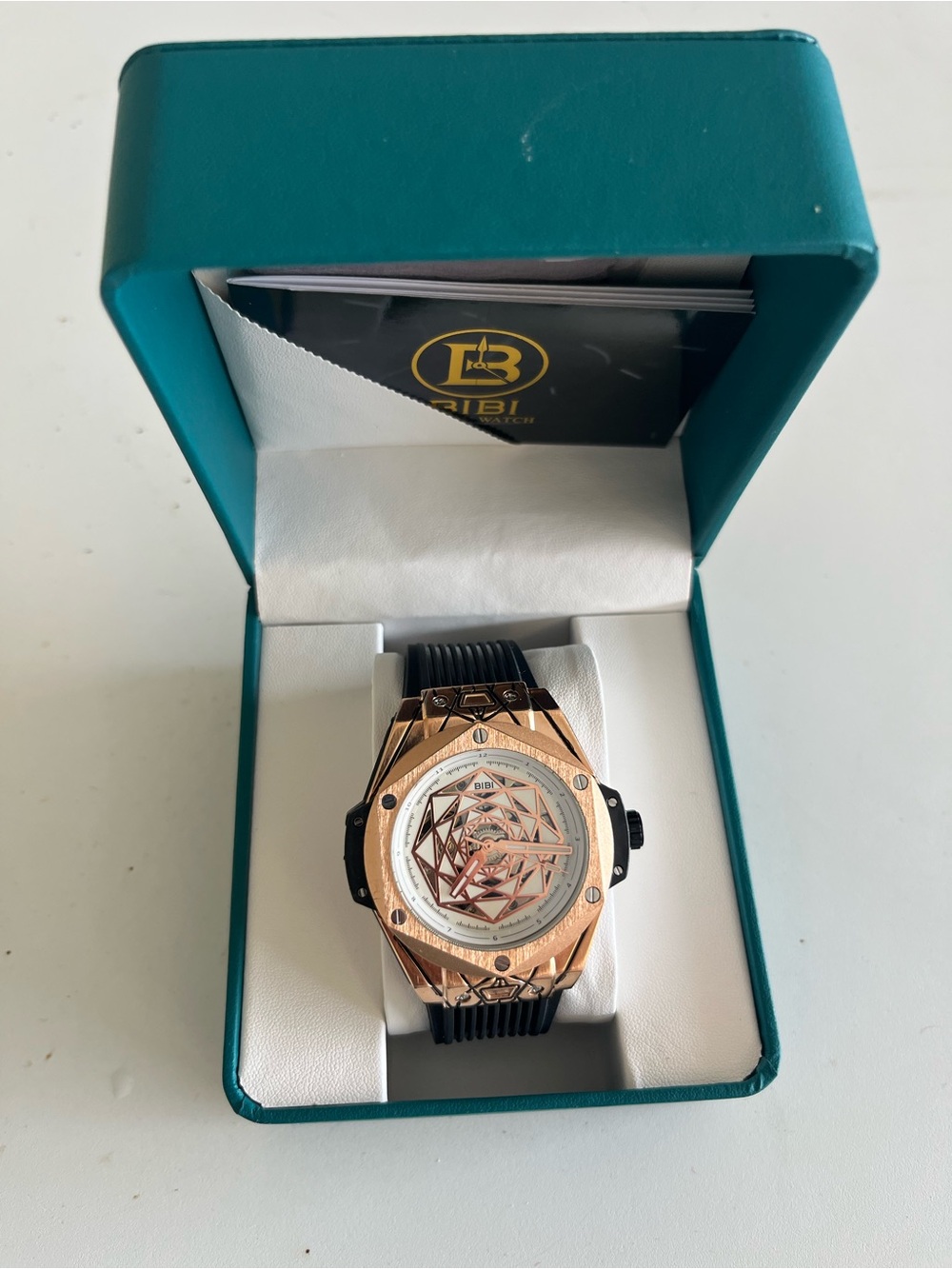BiBi Rose Gold Geometric Dial Watch with Black Strap